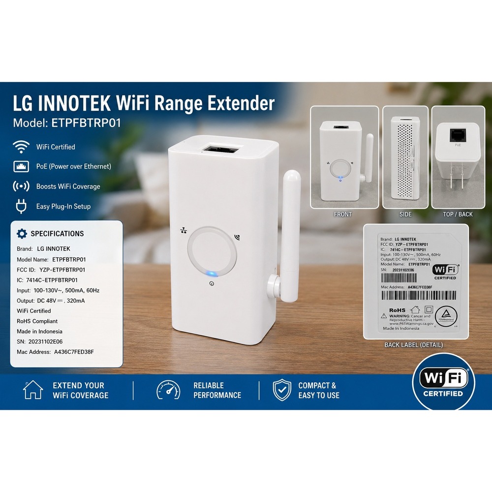 LG Innotek ETPFBTRP01 Wi-Fi Bridge Range Extender White PoE Ethernet Port